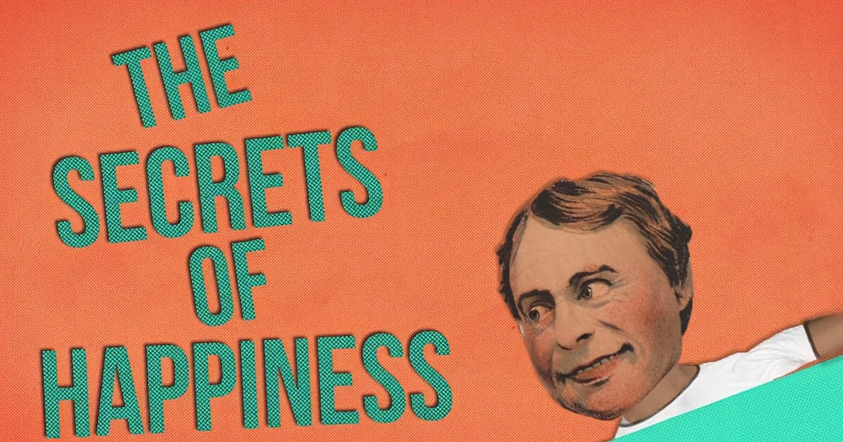 A man with a surprised expression on an orange background with text "The Secrets of Happiness".