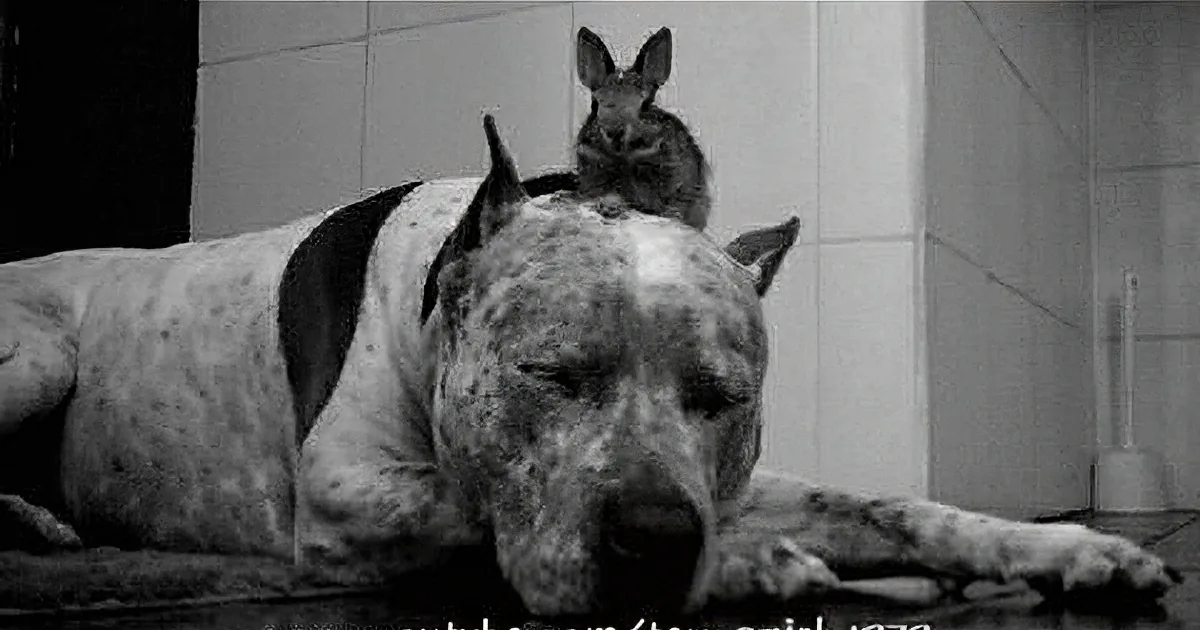 A rabbit sits atop a dog's head in a black-and-white image, with a tiled background and text overlay.