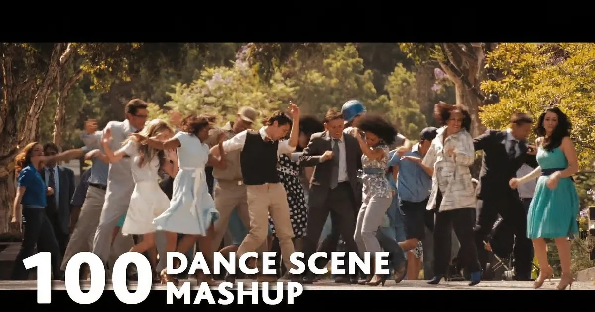 A group of people is dancing in a park, with trees and sunlight in the background.