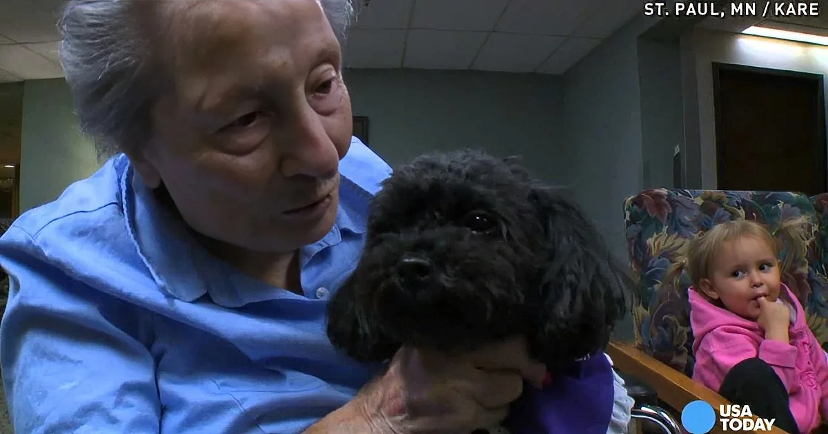 An elderly man holds a small black dog, with a baby in a pink coat sitting nearby in a waiting area.