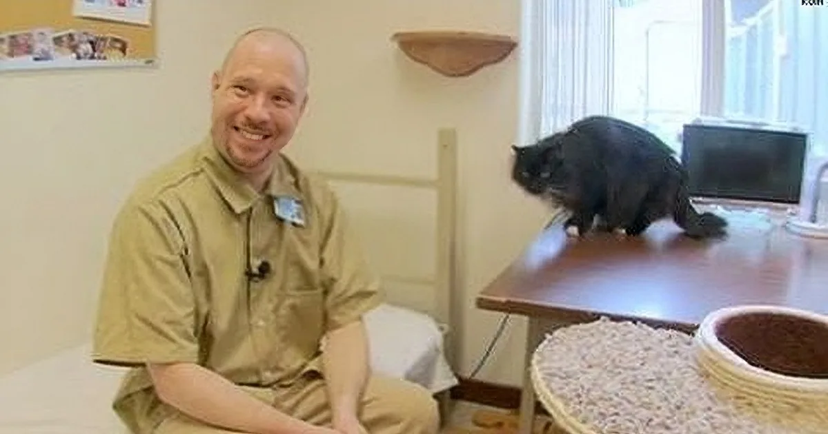 A man in a tan shirt smiles while a black cat perches on a table in the background.