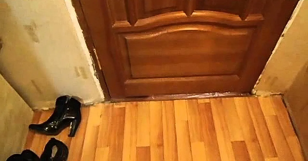 A pair of black shoes is placed on a wooden floor near a wooden door.
