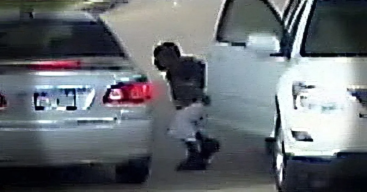 A person in a dark hoodie is seen in a parking lot, seemingly interacting with a white car.
