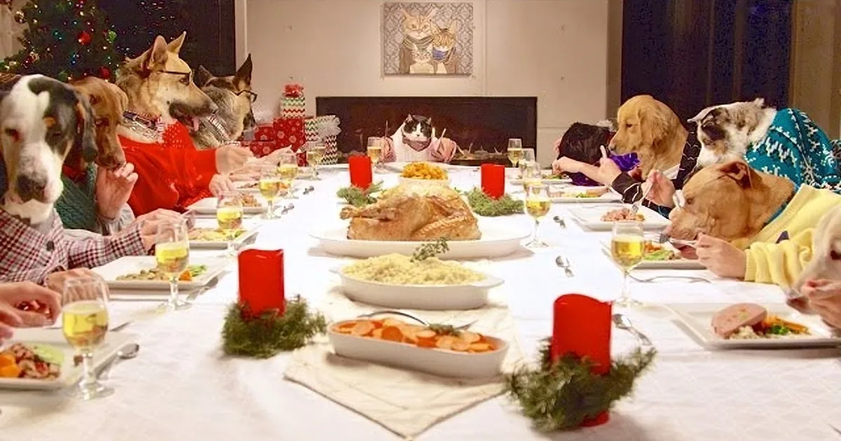 Dogs are gathered around a festive table with food and decorations, seemingly ready to eat.