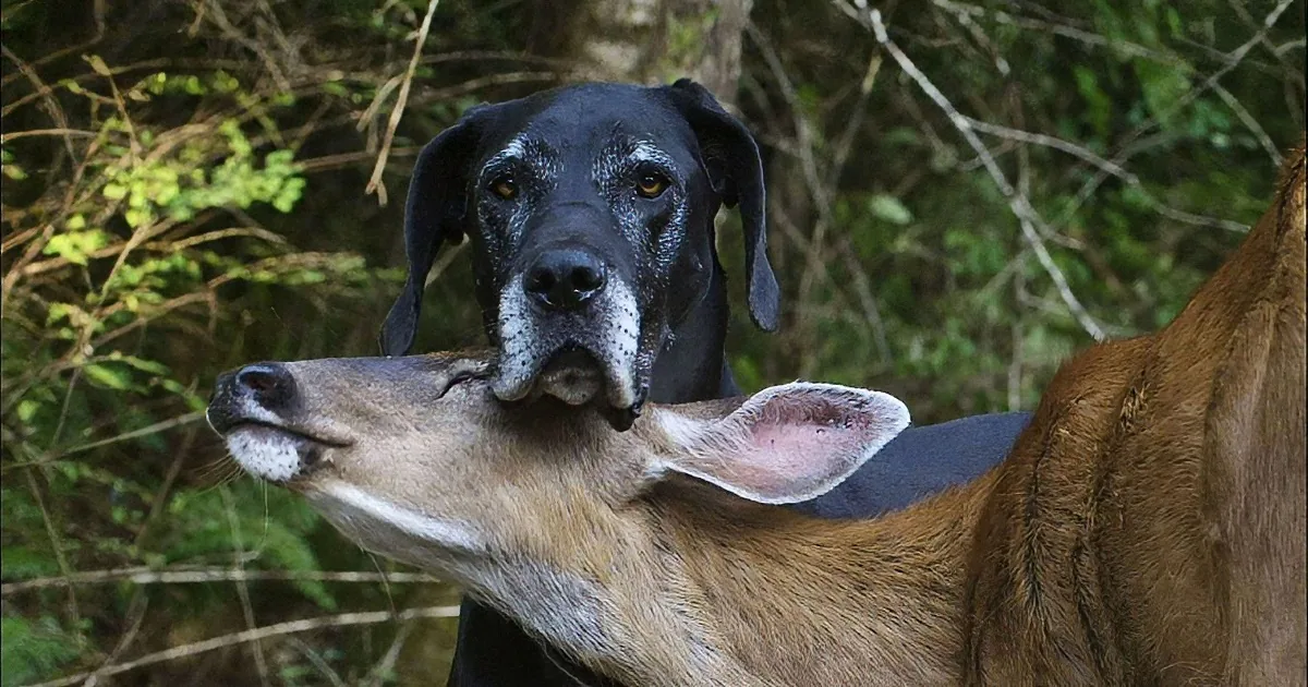 A Great Dane and a deer are shown in a composite image, with the dog's head and the deer's body.