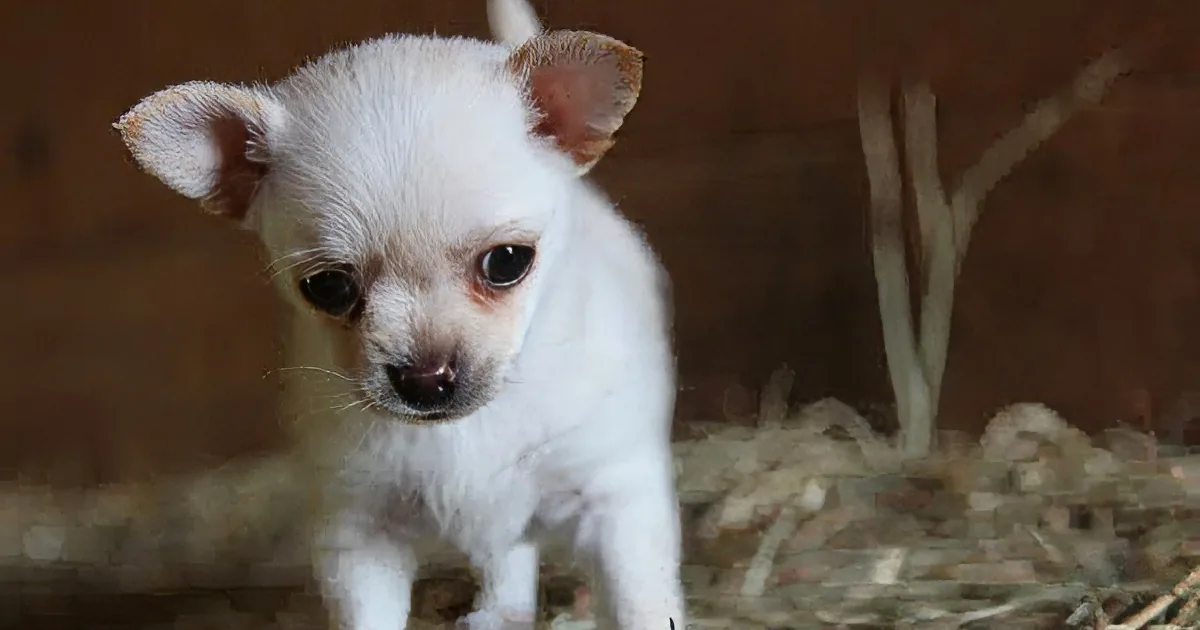 A small white puppy with large ears stands on straw, looking directly at the camera.