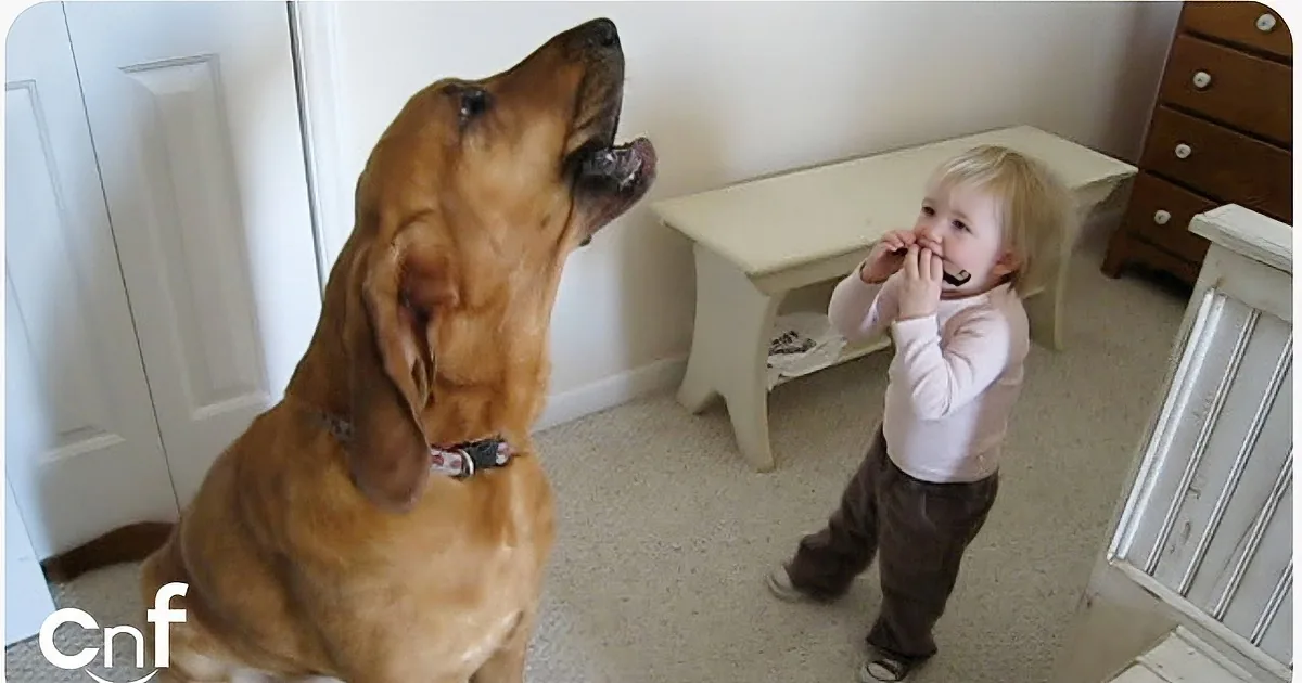 A dog and a child are interacting in a room, with the dog looking up and the child holding something near their mouth.