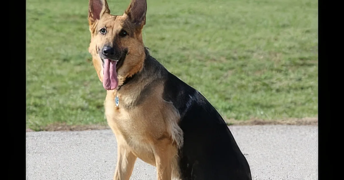 A German Shepherd dog stands on a paved surface with grass in the background, its tongue out.
