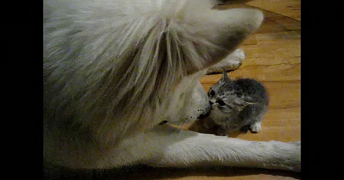 A fluffy white cat lounges on a wooden floor, with a smaller tabby kitten nestled between its legs.