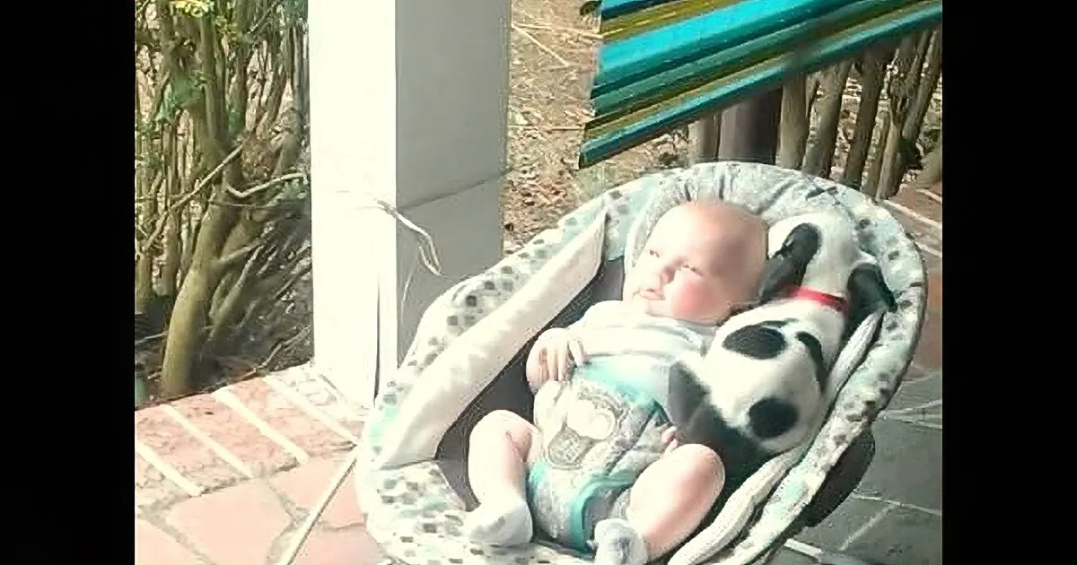 A baby lies in a bouncy chair on a patio, surrounded by a patterned blanket and a brick wall.