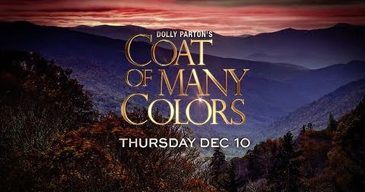 Dolly Parton's "Coat of Many Colors" poster with a mountainous landscape and autumn foliage.