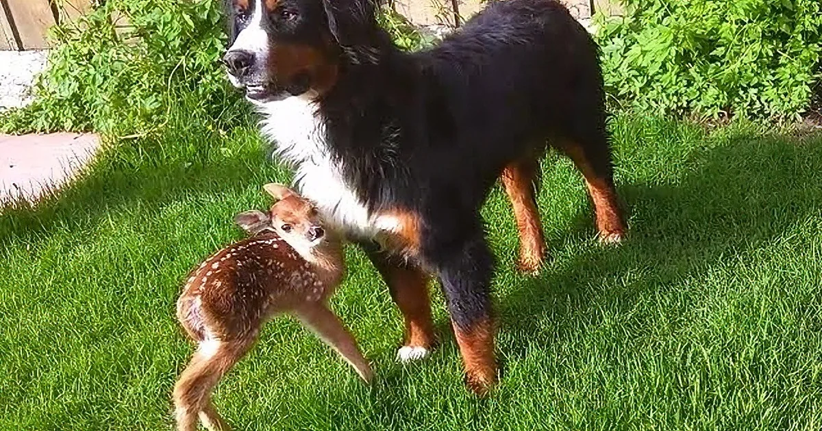 A curious dog and a fawn stand together on a grassy lawn, surrounded by greenery.