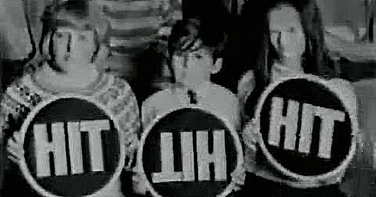 Three individuals hold circular signs with "HIT" and "LUR" text, possibly from a game or event.