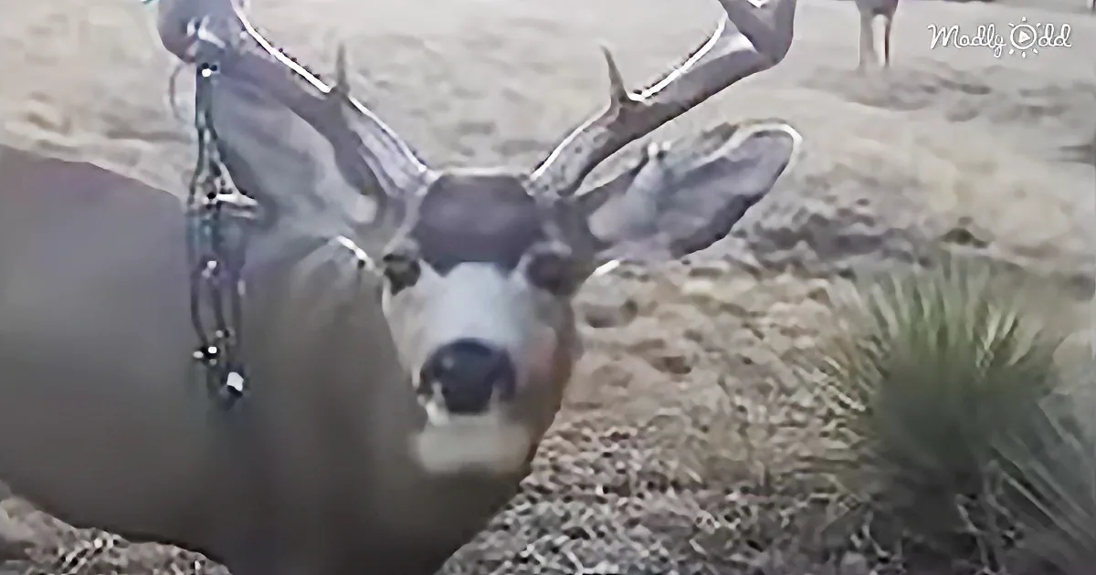 A close-up of a deer with antlers, standing on rocky terrain with some greenery in the background.