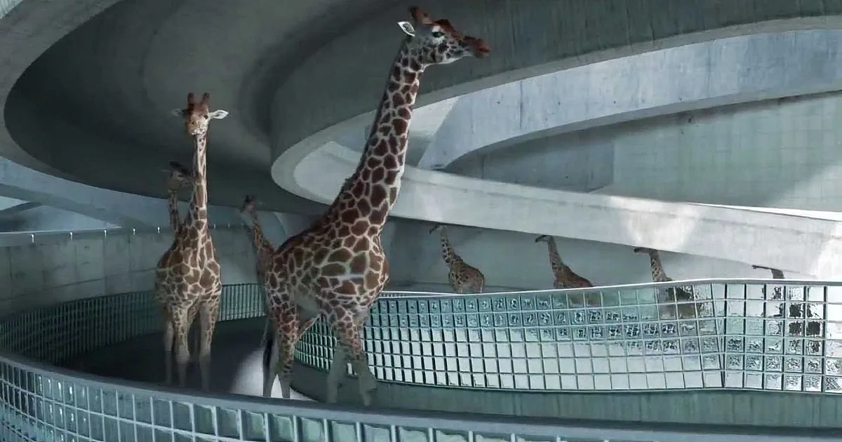 Giraffes are standing on a glass walkway in a modern building.