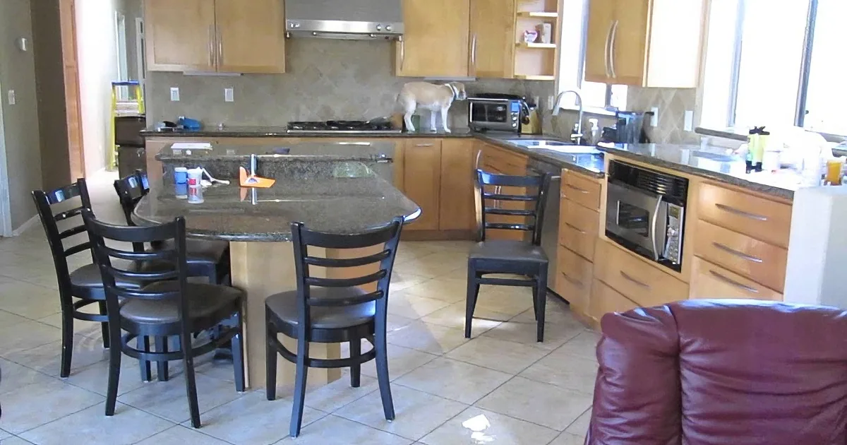 A dog stands on the kitchen counter, surrounded by wooden cabinets, a granite island, and a dining table with black chairs.