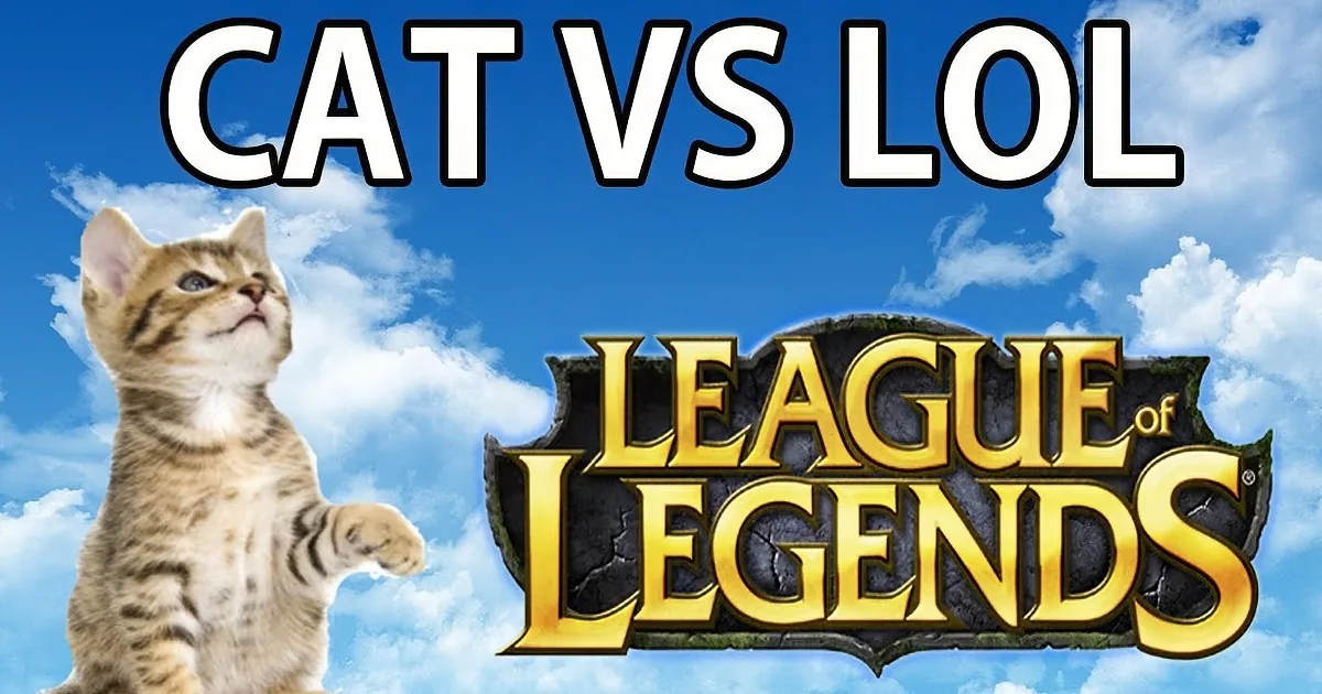 A cat is depicted in a playful pose with the League of Legends logo and text "CAT VS LOL" above it.