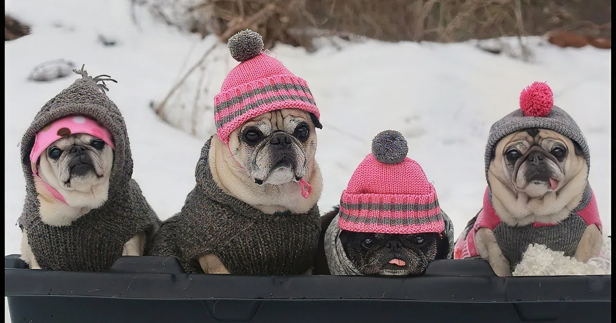 Four pugs in winter hats and sweaters sit in a black container, looking adorable in the snow.