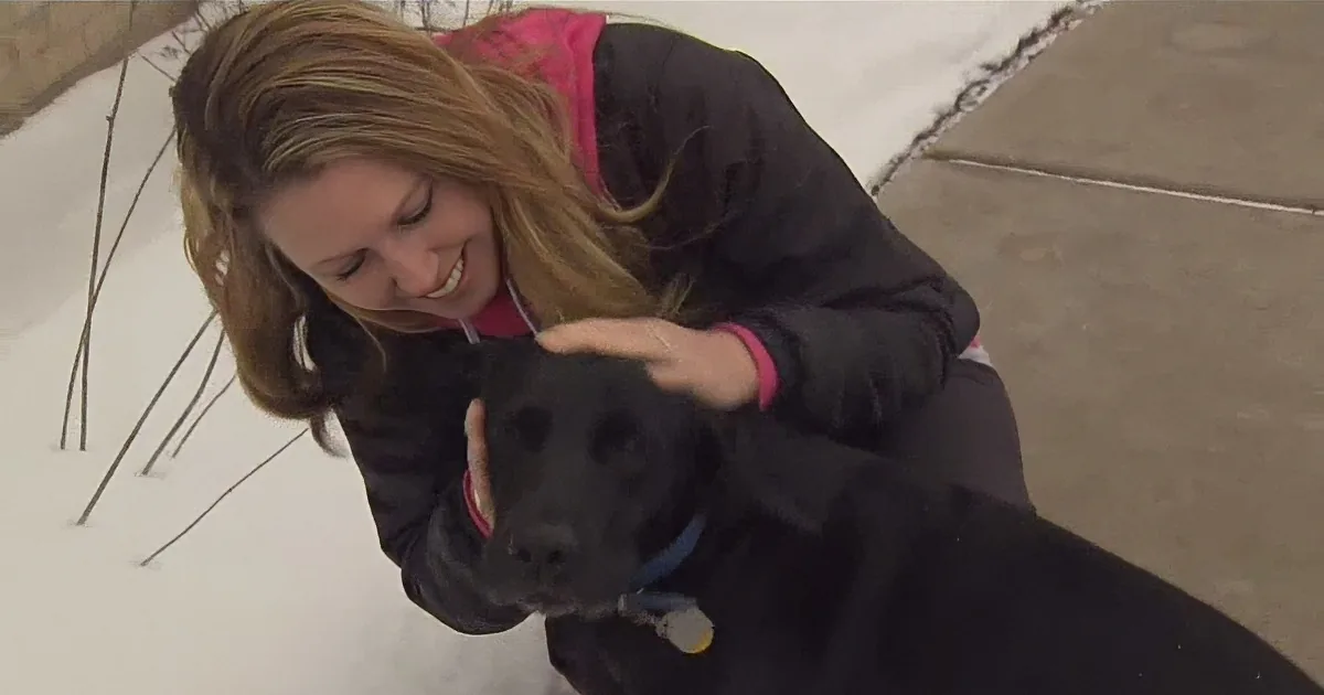 A woman in a black jacket pets a black dog on a snowy sidewalk.