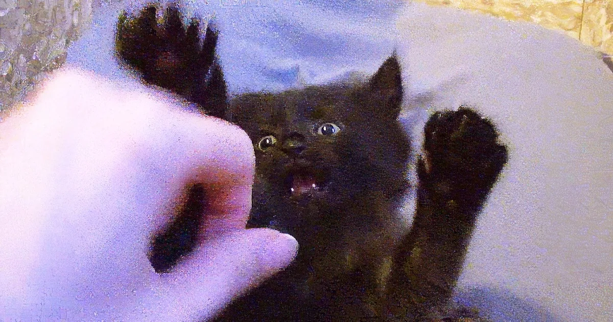 A small black kitten with wide eyes and open mouth is being petted by a hand.