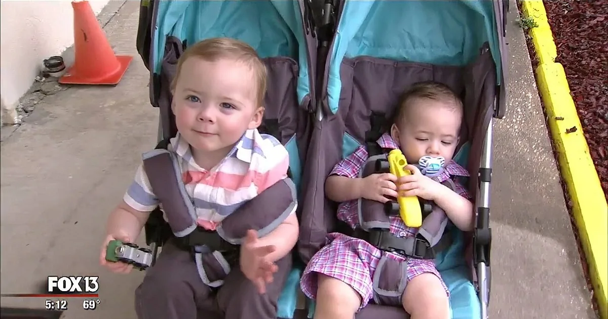 Two toddlers in a stroller, one holding a toy, both wearing plaid shirts, outdoors.