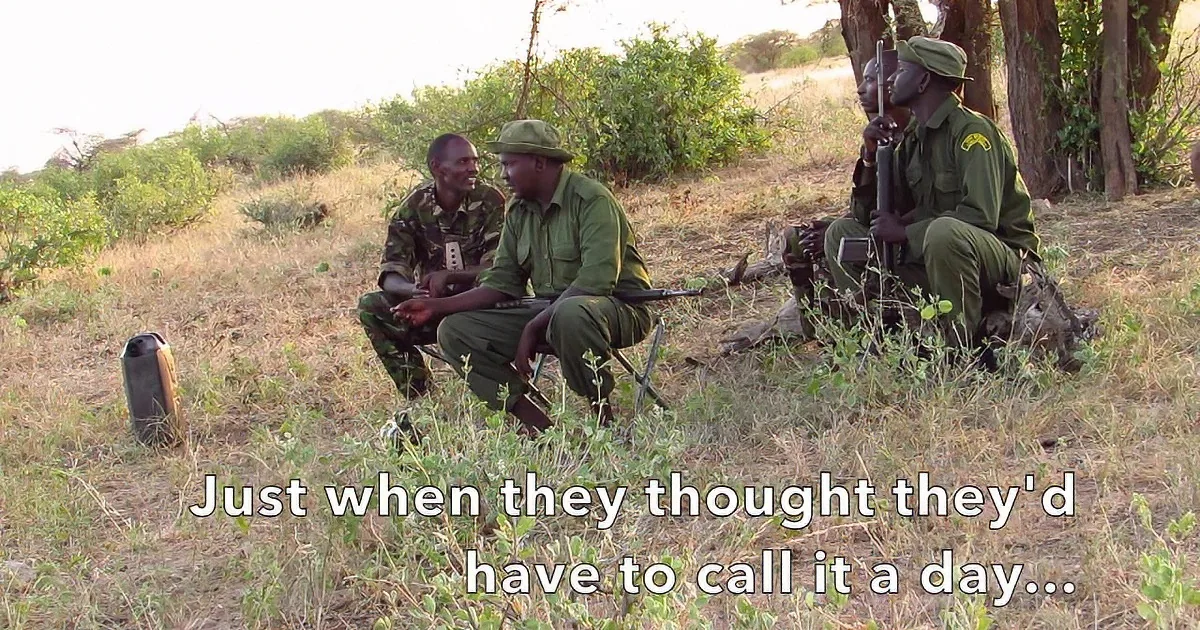 Three men in green uniforms sit on the ground, holding rifles, with a bird nearby.