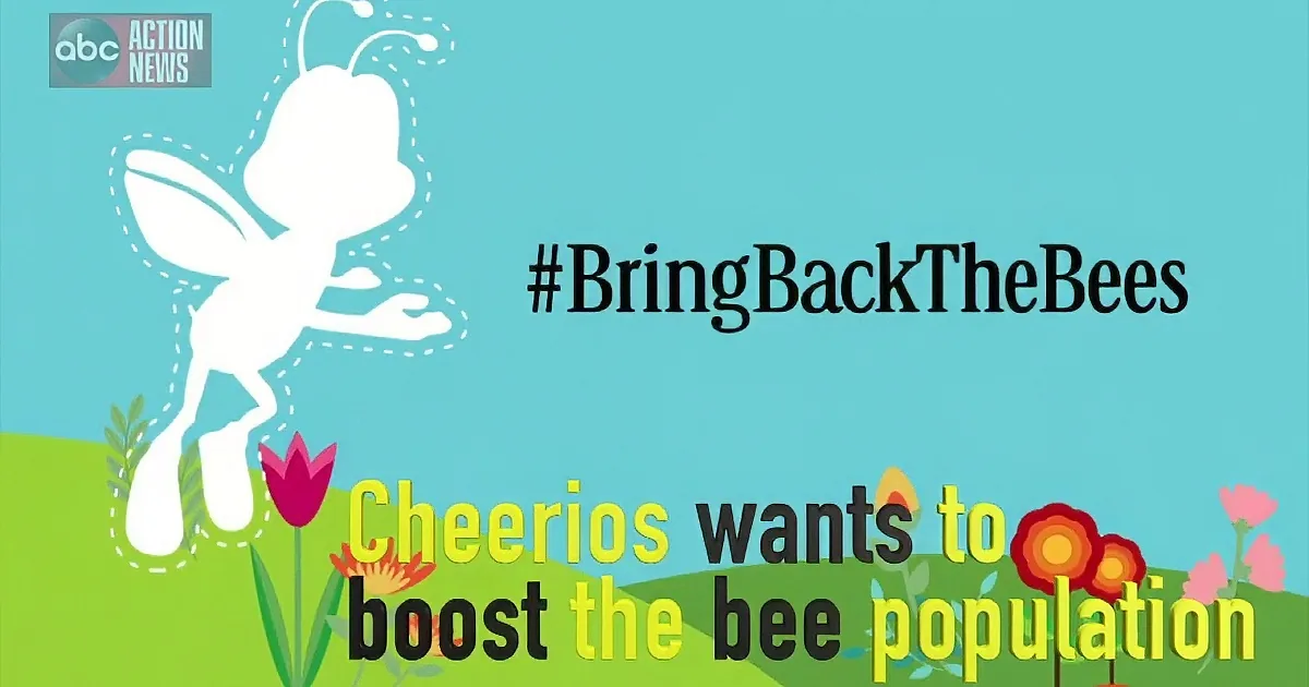 A colorful poster with a bee silhouette, flowers, and the hashtag #BringBackTheBees promoting bee population boost.