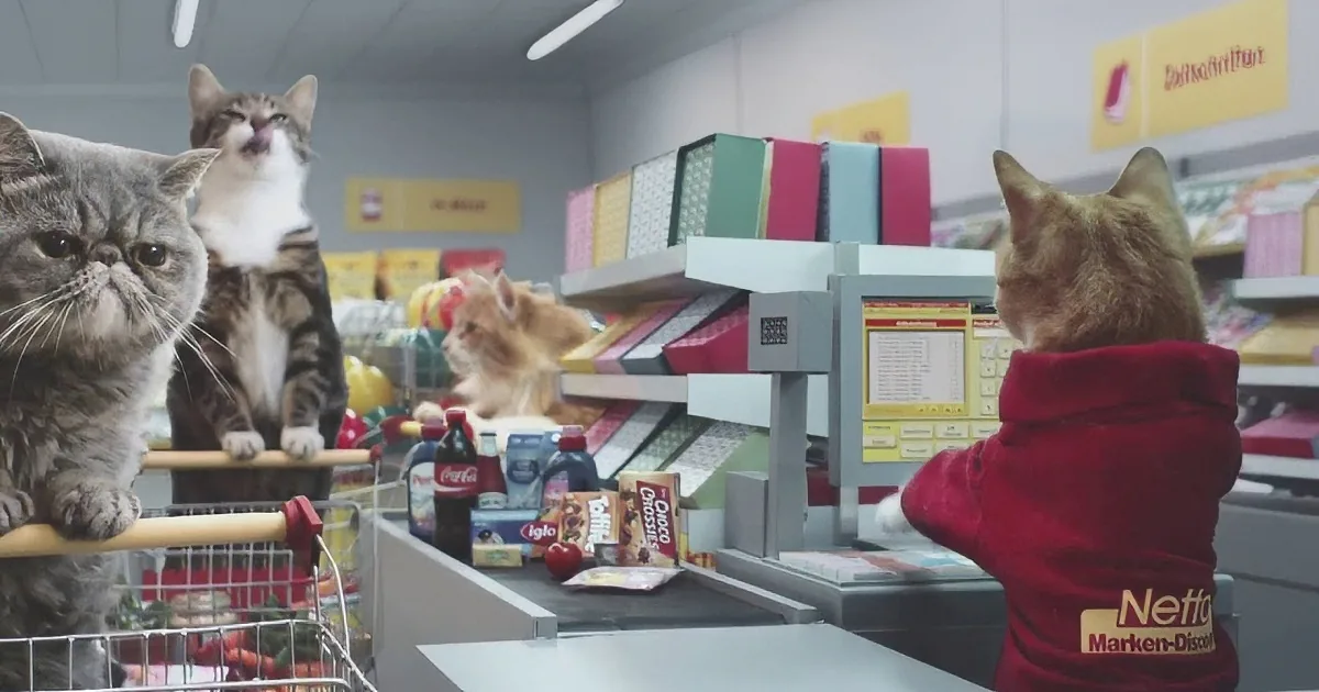 Cats in a supermarket, one in a red shirt at the checkout, others in the background.