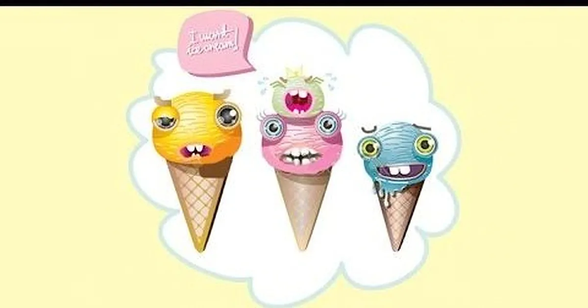 Three cartoon ice cream cones with eyes and mouths, one saying "I want to be orange."