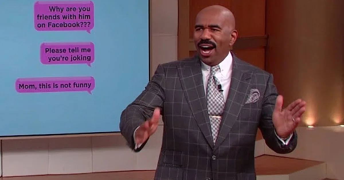 Steve Harvey gestures dramatically on stage, with a screen behind him displaying text messages.