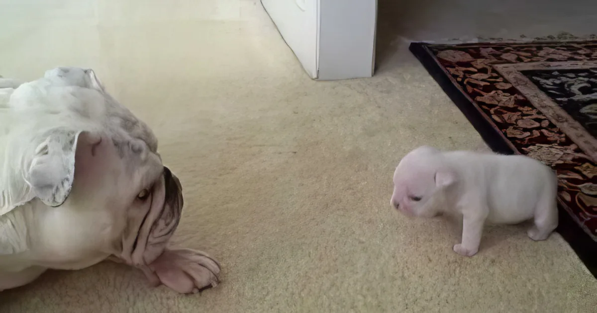 A bulldog lies on a carpet, looking at a small white piglet, which is partially visible in the frame.