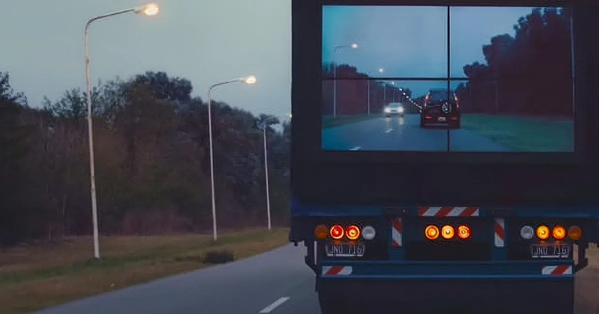 A truck's rearview mirror shows a road with cars ahead, while the truck's dashboard lights are illuminated.