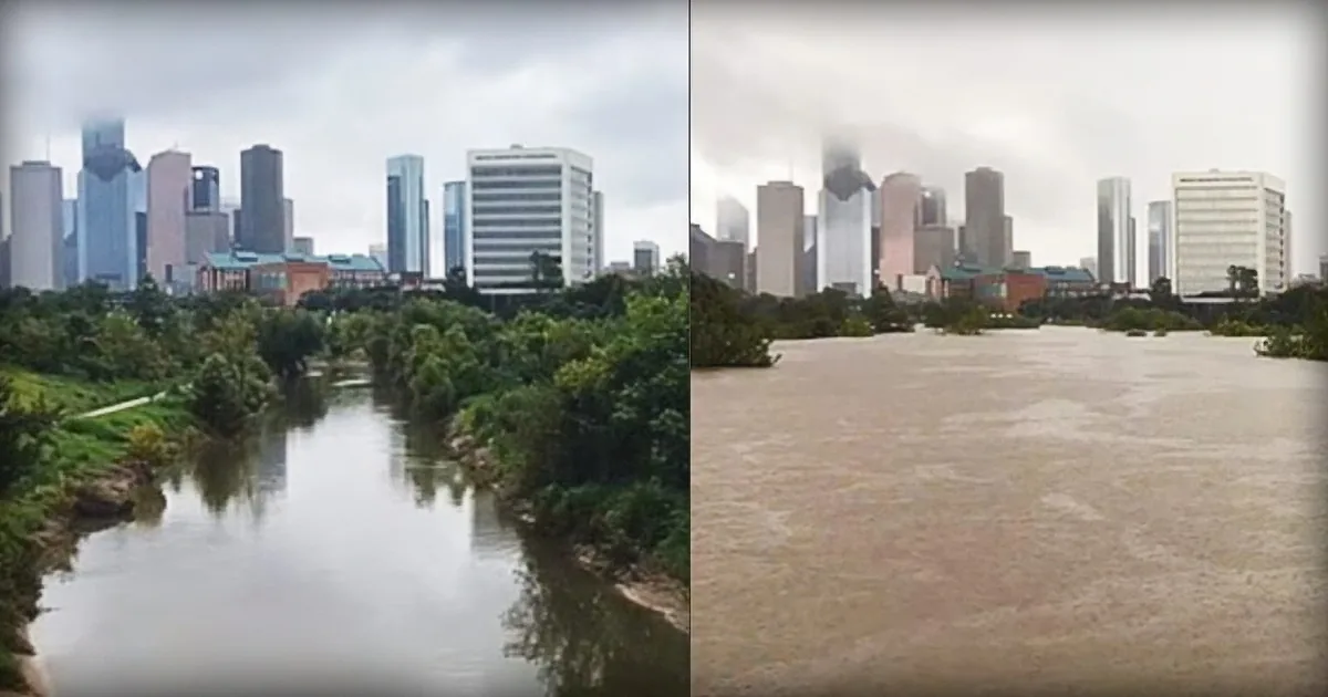 A river before and after a flood, with the water level rising significantly.