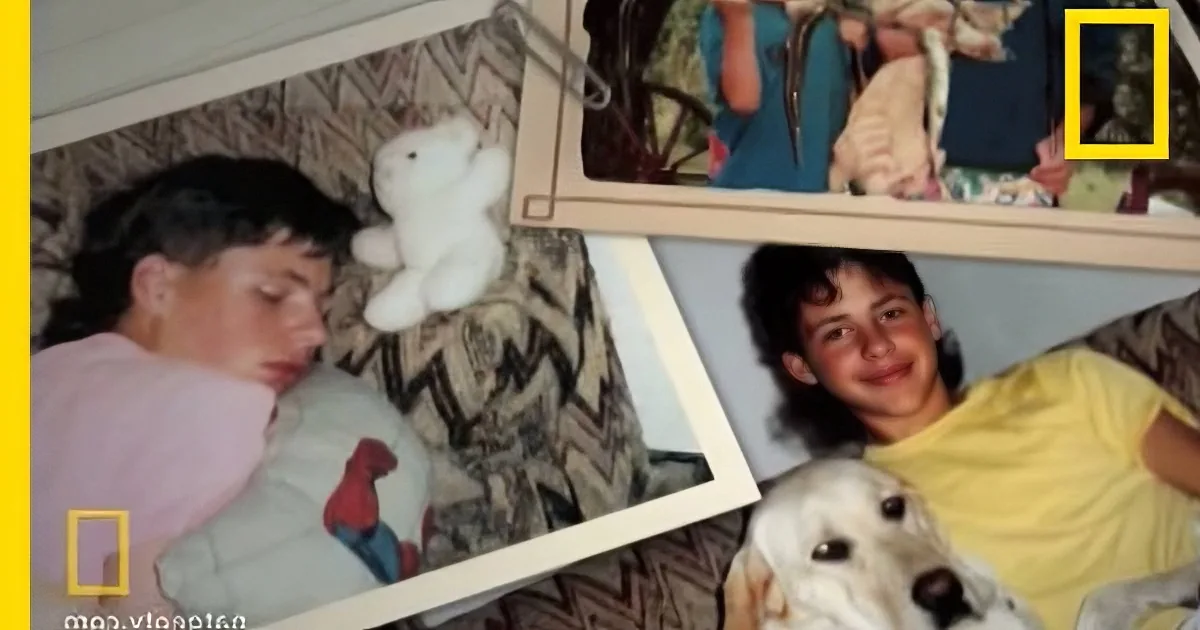 A young boy in a yellow shirt smiles while holding a white dog, with another photo of him lying down in a pink shirt and...