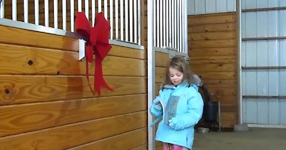 A young girl in a blue jacket stands in a stable, holding a book, with a red bow on the stall door.