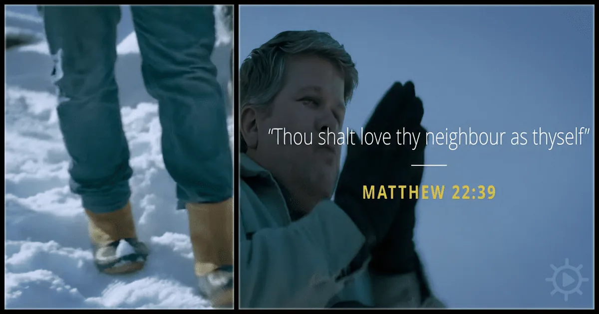 A person in snow boots stands on snow, while another person prays with a Bible verse from Matthew 22:39.