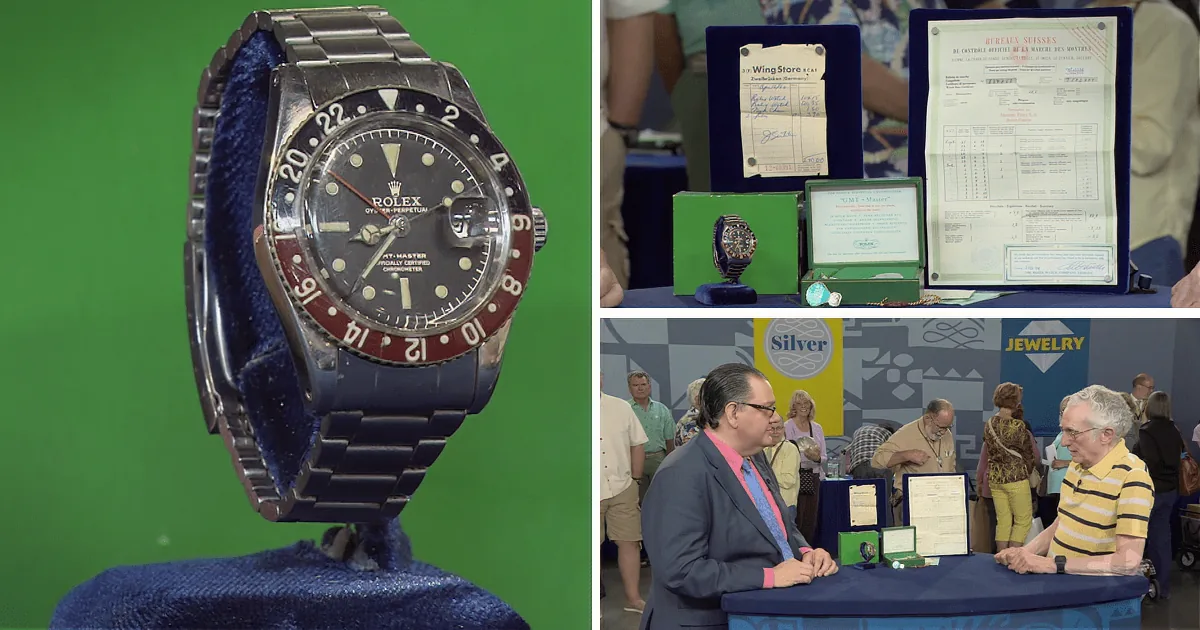 A vintage Rolex watch is displayed prominently, with a collage showing its documentation and sale at a jewelry event.