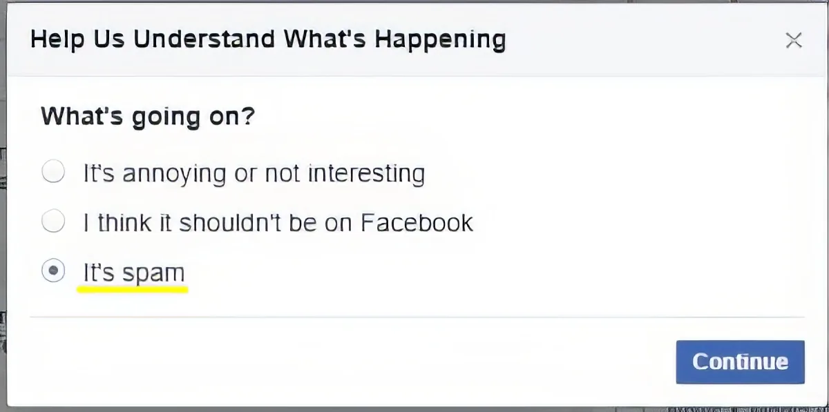 A Facebook interface asks users to report content as spam, annoyance, or not on Facebook.