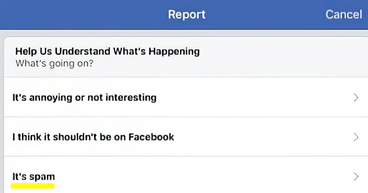 A Facebook report screen with a highlighted option "It's spam."