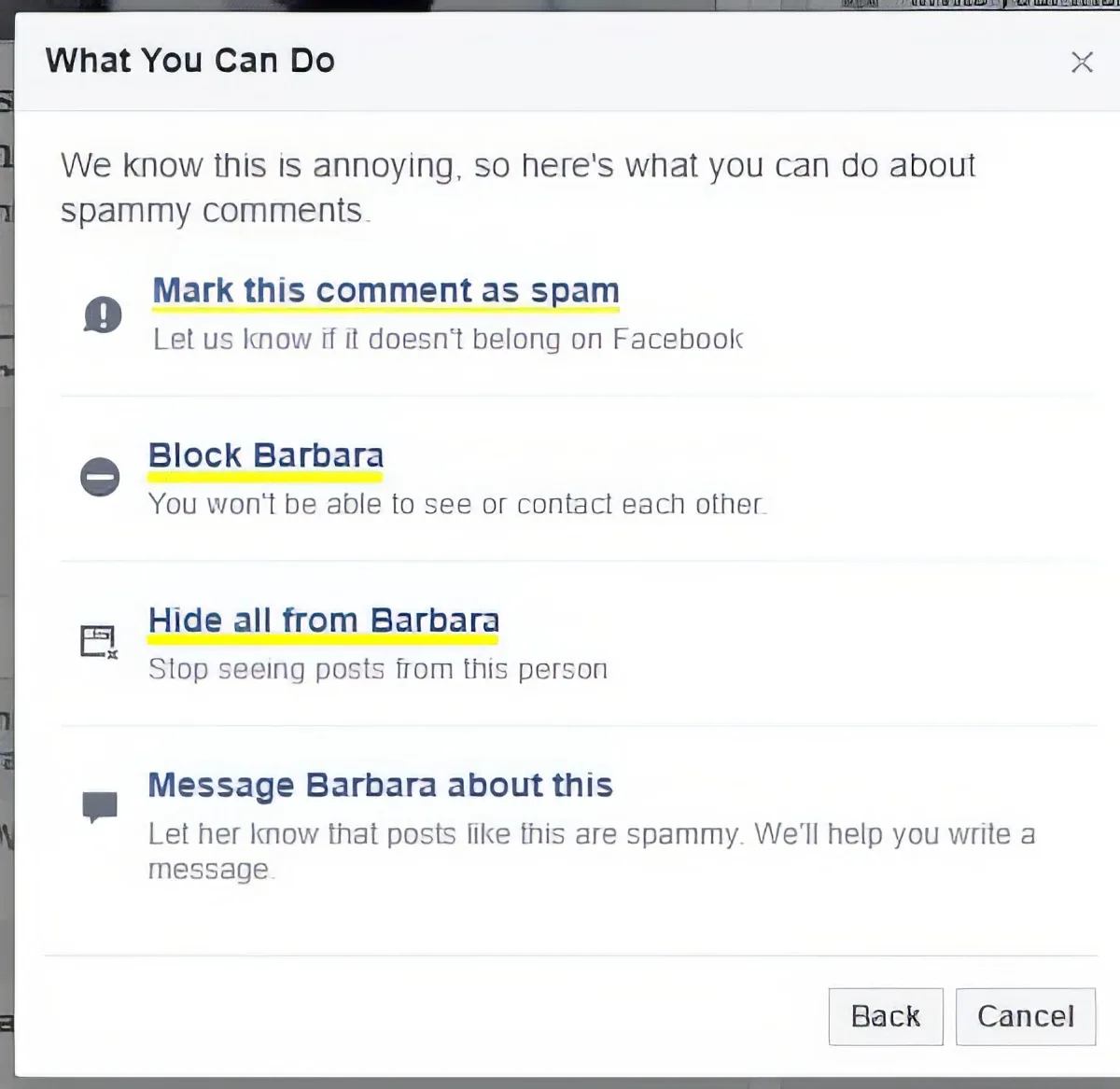 Options for dealing with spammy comments on Facebook, including marking as spam, blocking, hiding, or messaging the...