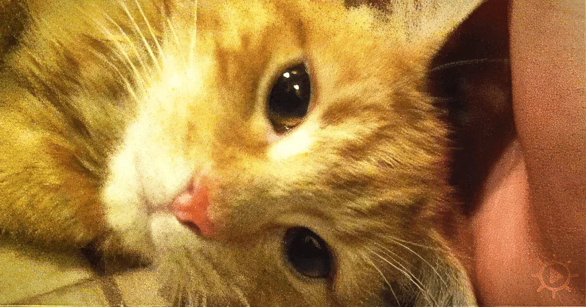 A close-up of a fluffy orange and white cat being held, looking slightly to the side.