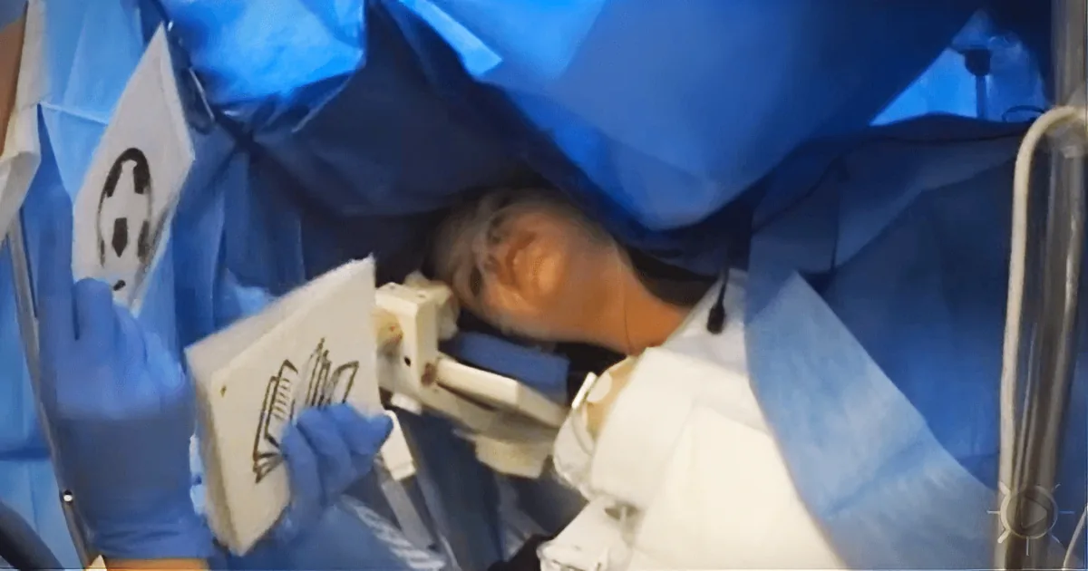 A person in a white lab coat and blue gloves is examining a white object with a drawing on it.