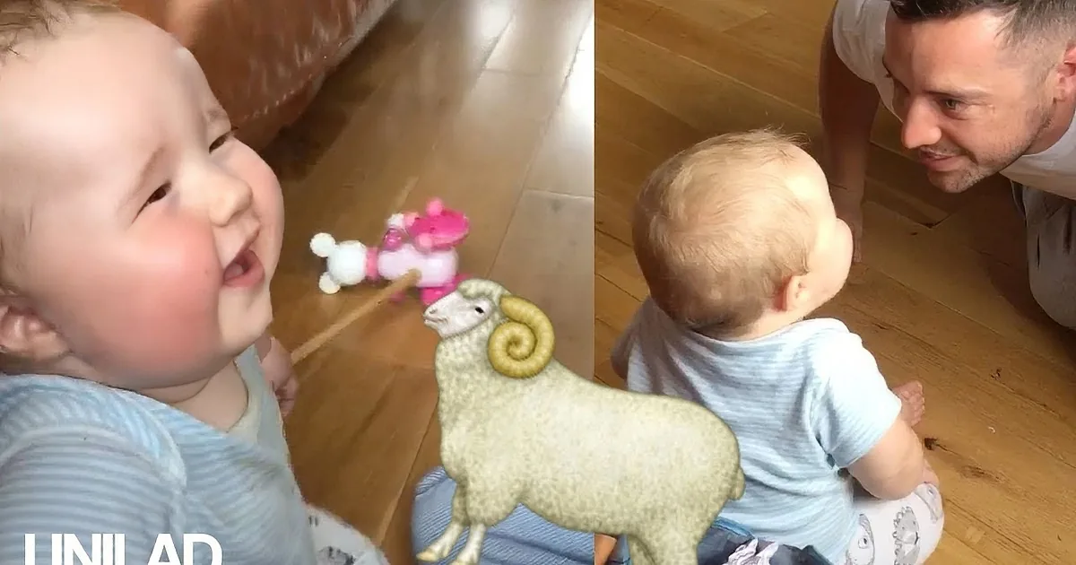 A baby in a blue outfit is interacting with a sheep plush toy, with a man kneeling nearby.