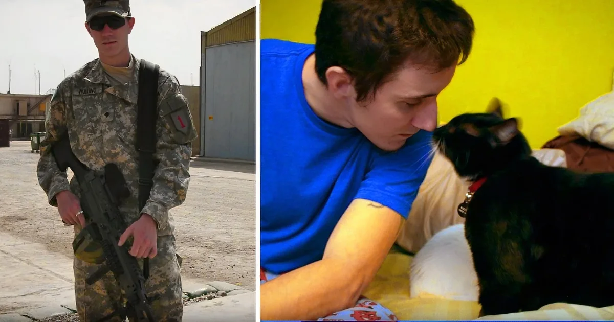 A soldier in uniform holds a rifle, while another person pets a black cat indoors.