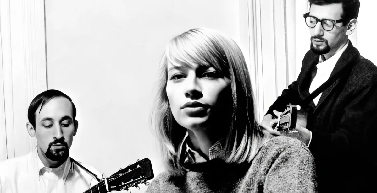 A collage of a woman with a man playing guitar, both in formal attire, against a curtain backdrop.
