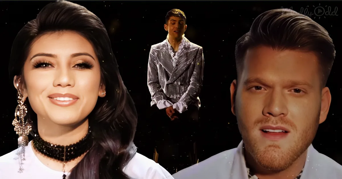 A woman with long dark hair and a man with a beard are featured, both in formal attire, against a starry background.