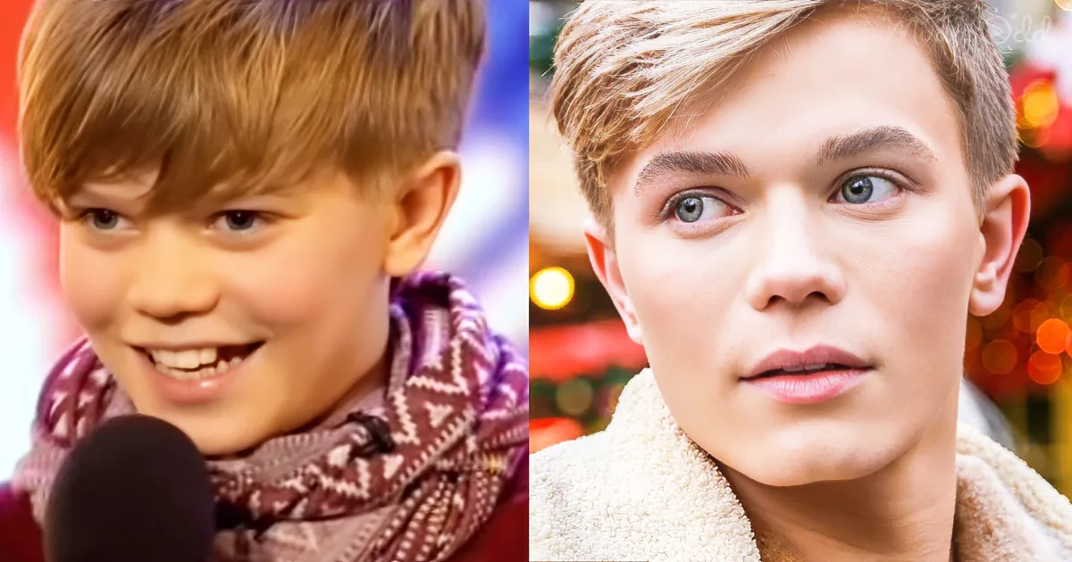 A young boy with blonde hair and a scarf smiles, transitioning to a close-up of a young man with similar features.