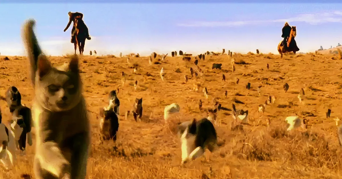 A cat leaps in the foreground as a herd of cats runs across a desert landscape with two riders on horseback.