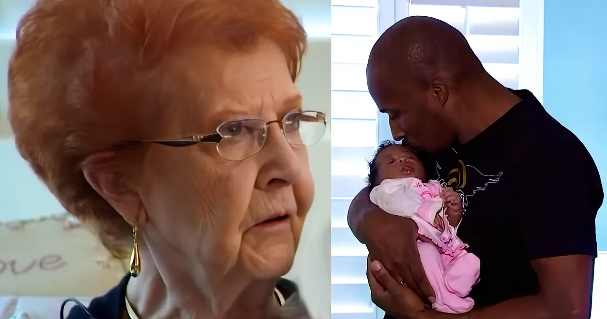 An elderly woman with glasses and a younger man holding a baby.