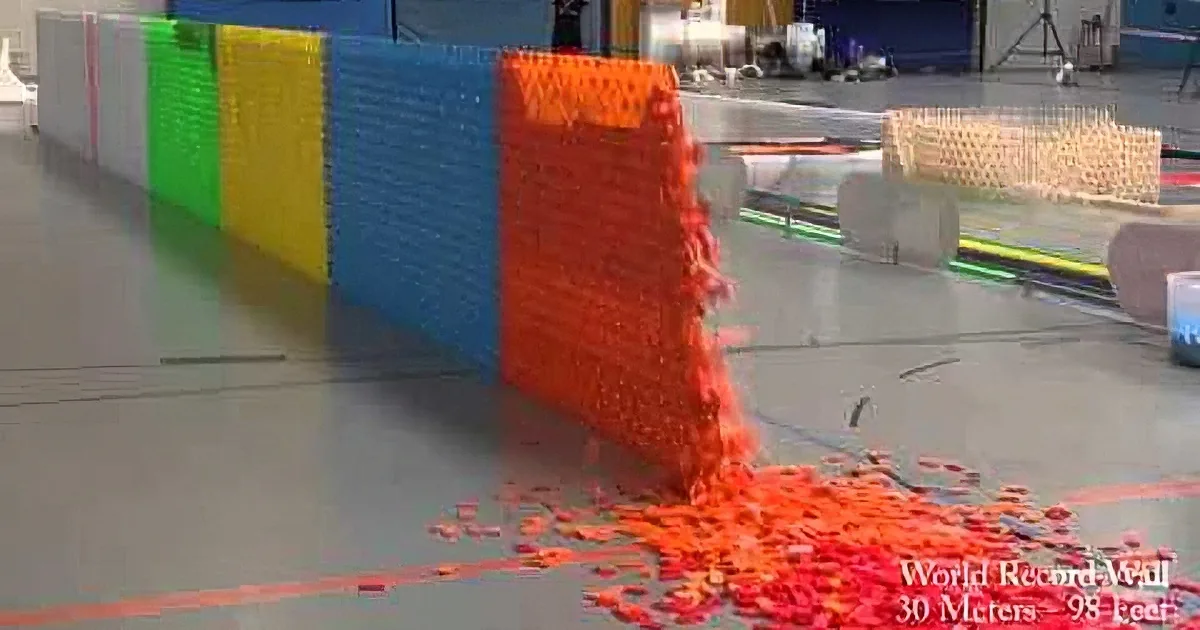 A tower of orange LEGO bricks collapses, scattering pieces on the floor.